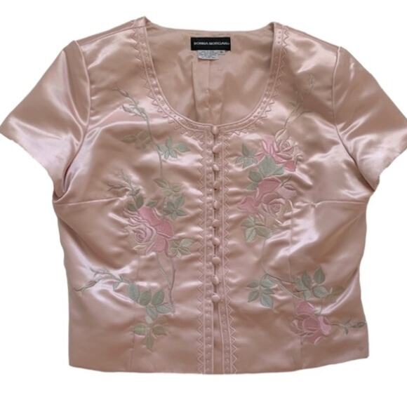 Donna Morgan Jacket Top Satin Pink Embroidered Floral Short Sleeve Formal 16 - Picture 9 of 10